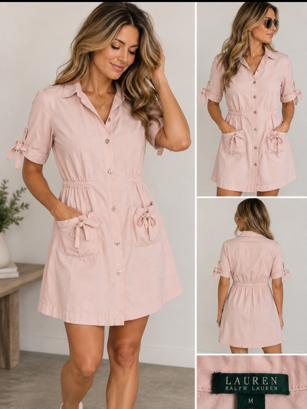 Lauren Ralph Lauren Pink Cotton Button Front Shirt Dress Bow Pockets M